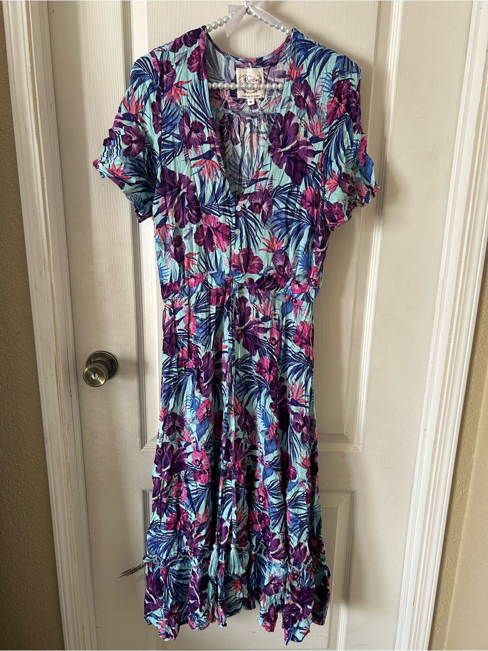 Sunday Mi Amor Vibrant Blue Purple Tropical Floral V Neckline Maxi Dress Size M